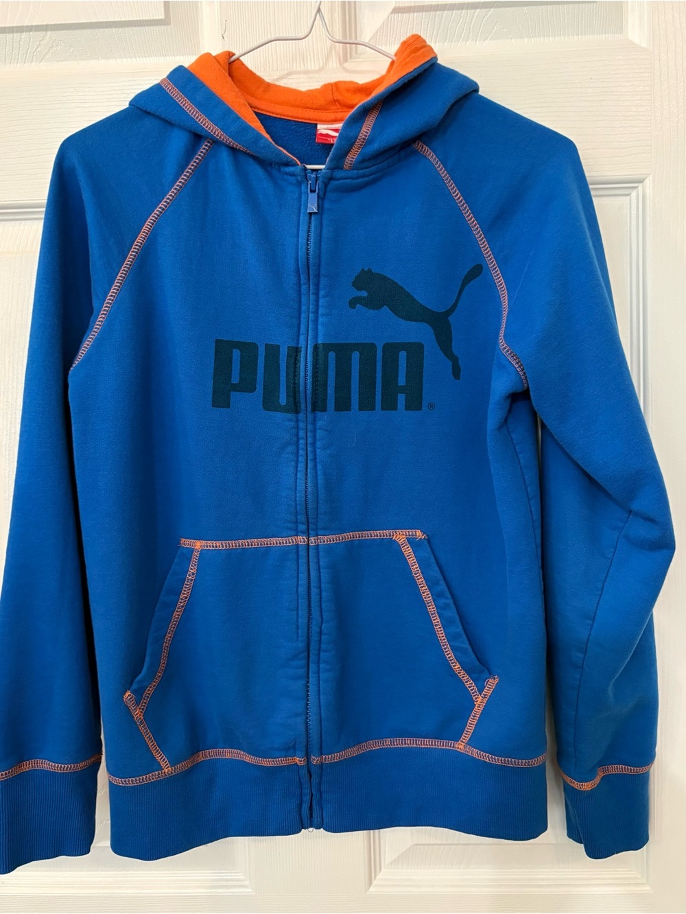 Puma Boys' Blue Zip-Up Hoodie with Orange Trim Youth Size L